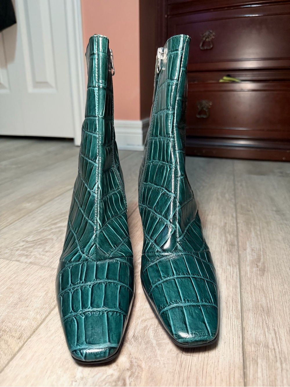Women’s Emerald Green Croc-Embossed Ankle Boots